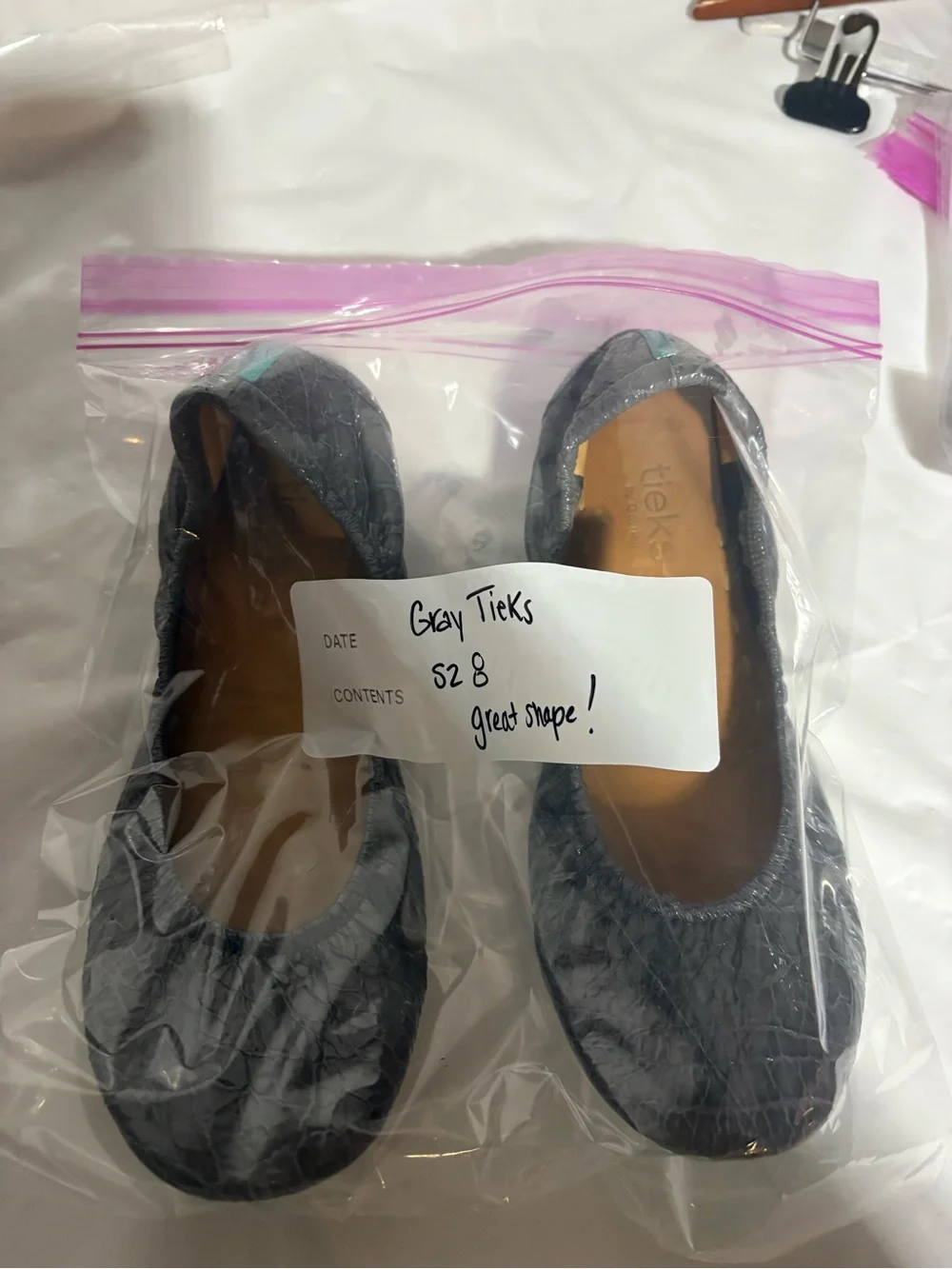Tieks Gray Croc Patent Ballet Flat with Teal Sole Trim
